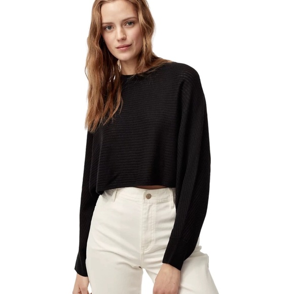 Aritzia Wilfred Free Black Lolan Cropped Knit Sweater 100% Merino Wool Size 2 - Picture 1 of 9